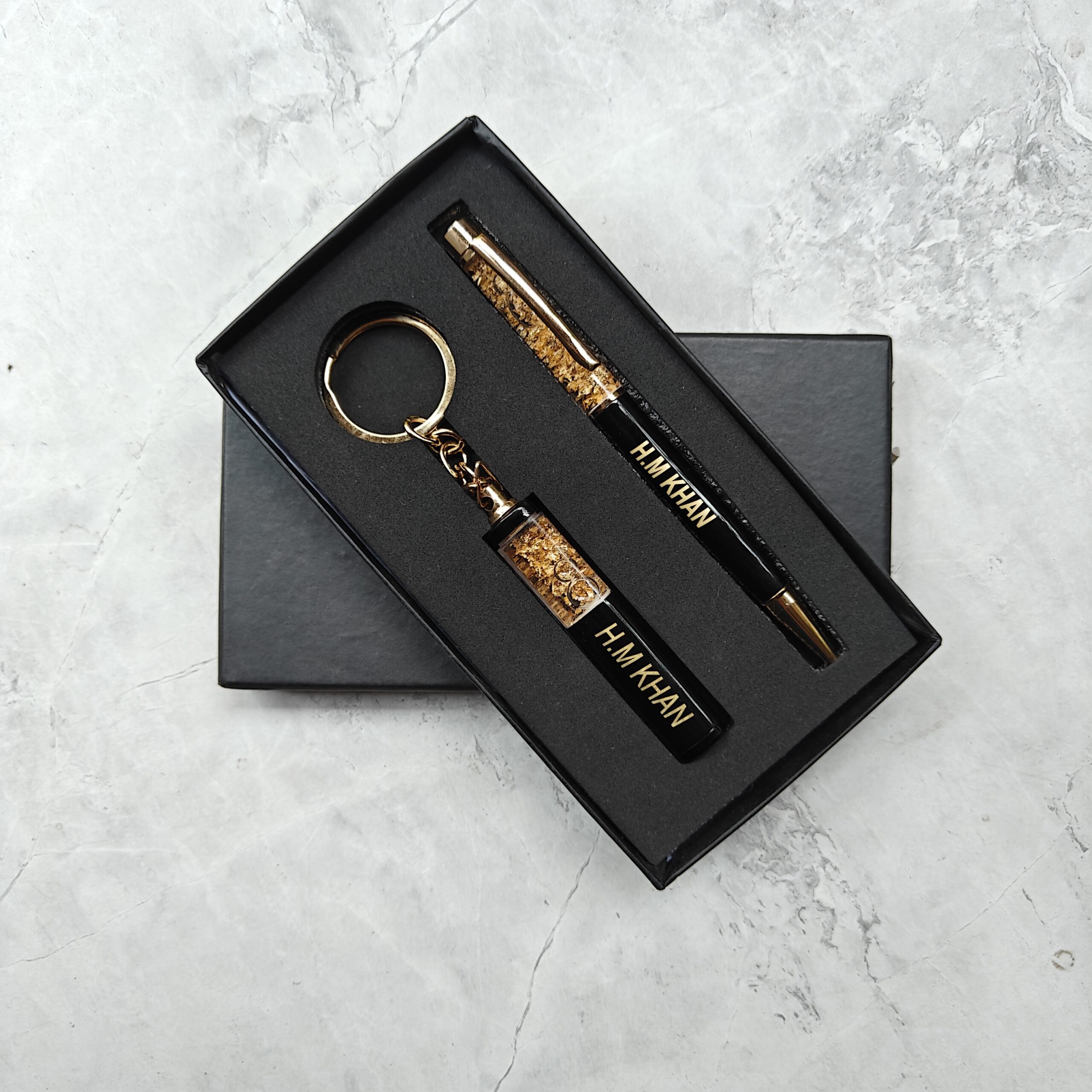 Personalized Pen and Keychain Set in Black and Golden Flake